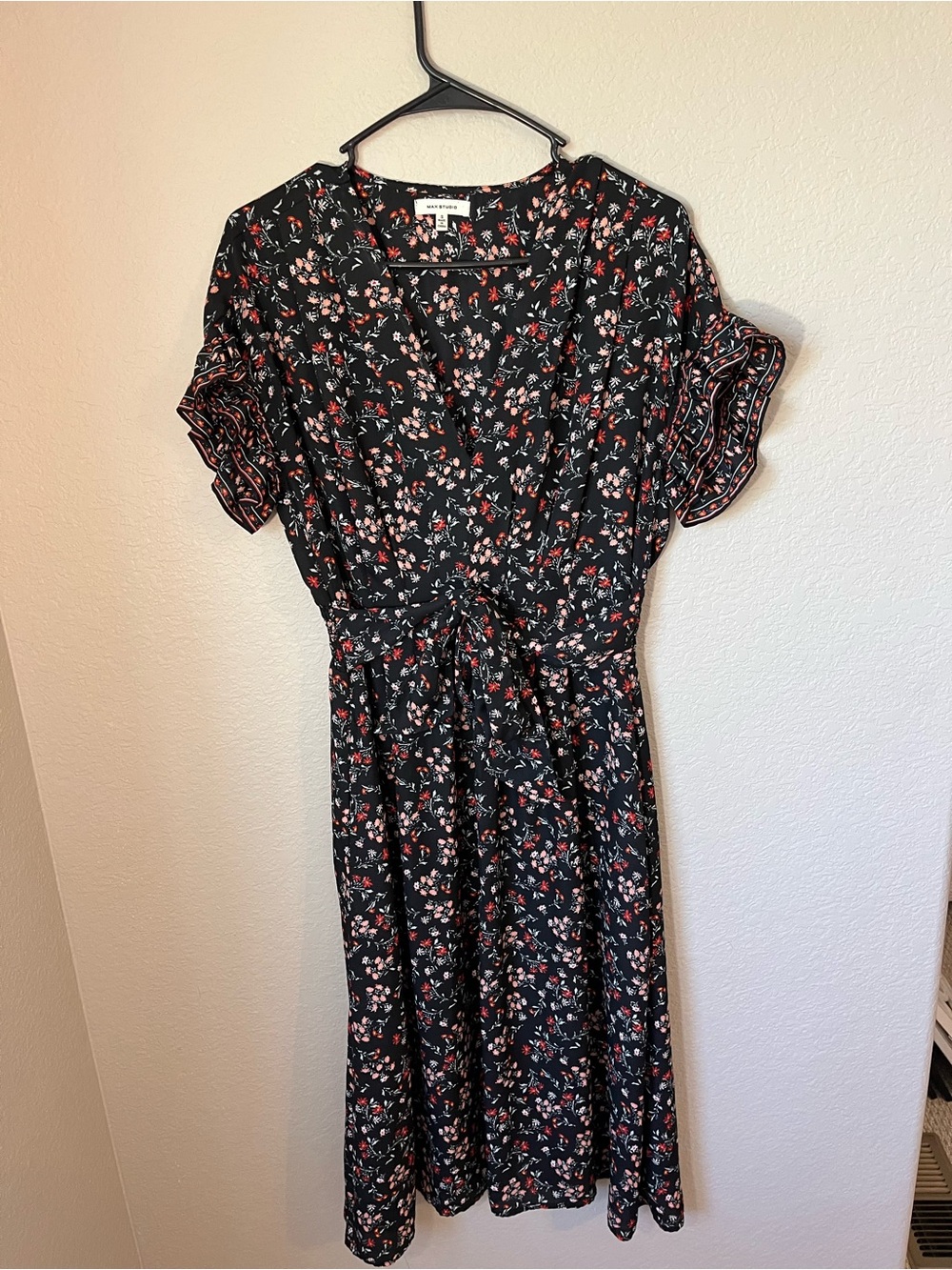 Max Studio S Black Floral Wrap Midi Dress Ruffle Sleeve Tie Waist Boho